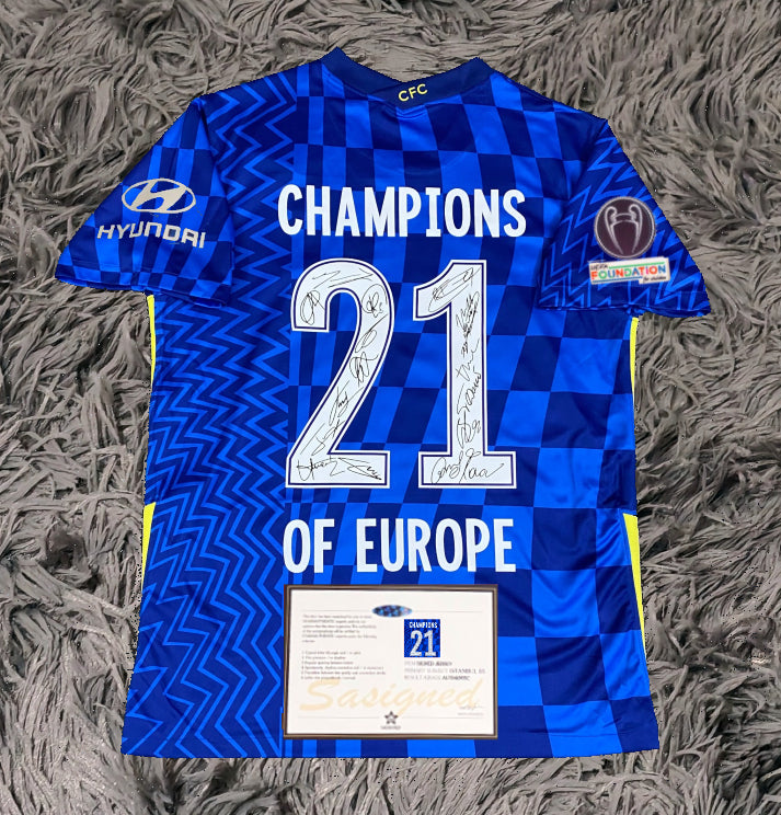 Chelsea Full Team Signed Champions of Europe 21 Jersey Shirt - COA - Signature Version